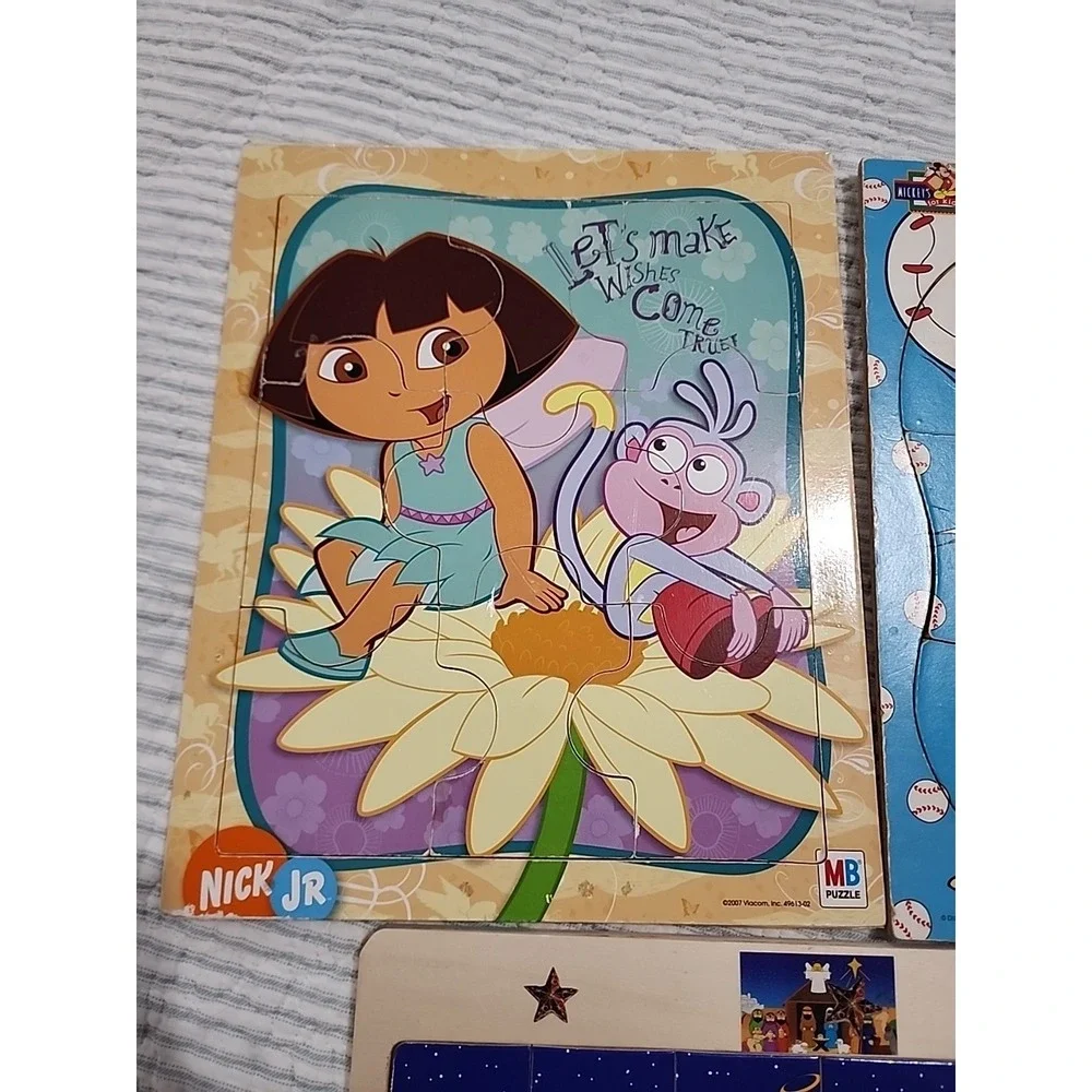 Lot Of 3 Wood Puzzles, VTG Dora The Explorer, 1990s Mickey Mouse, Nativity Scene
